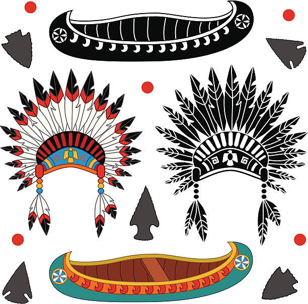 illustrations, cliparts, dessins animés et icônes de canoë et de coiffe amérindienne - feather headdress