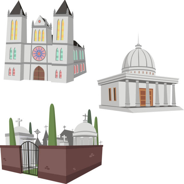 공공 건물 세트 캐서드럴 묘지 카피톨 6 - people cemetery church urban scene stock illustrations