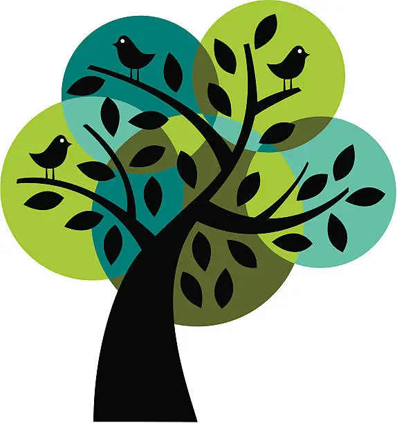 Vector illustration of Tree with birds in cool colors