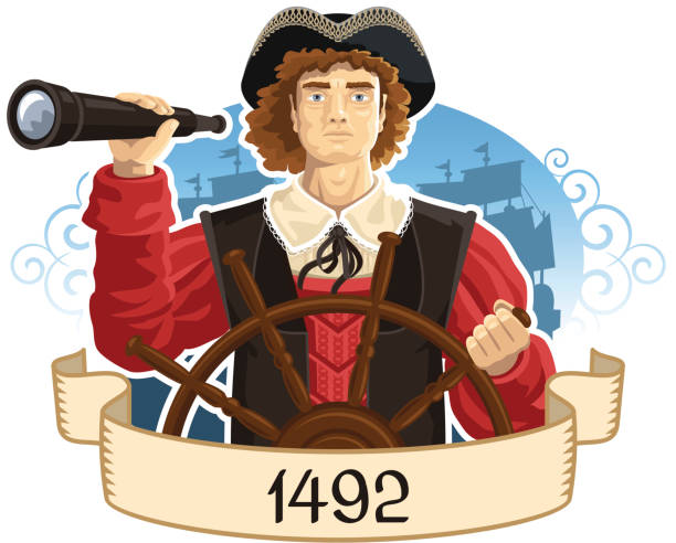 Portrait of Christopher Columbus Portrait of Christopher Columbus with a spyglass. christopher columbus stock illustrations