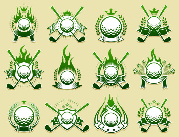 ilustrações, clipart, desenhos animados e ícones de golfe amador country club em conjunto crachá de grunge - coat of arms retro revival banner dirty