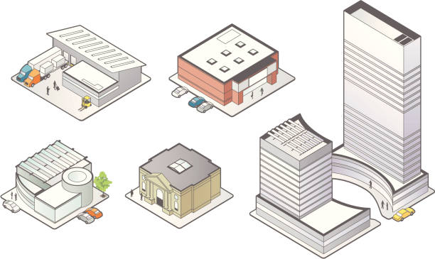 ilustrações de stock, clip art, desenhos animados e ícones de negócios ícones de construção - office park three dimensional shape financial building built structure