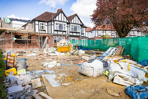 LONDON, UK - April 11, 2023. Construction of an extension to a Semi-detached house in suburban London.
