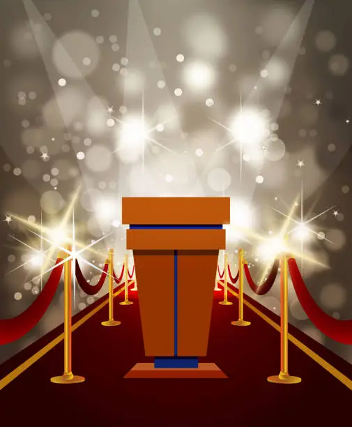 Vector illustration of Debate Desk on Red Carpet with Flashes Background