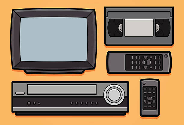 illustrazioni stock, clip art, cartoni animati e icone di tendenza di retrò video sistema home-tv, vcr, remoto e vhs - vcr video cassette tape video television