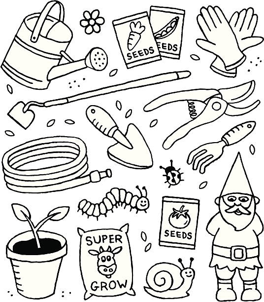 illustrazioni stock, clip art, cartoni animati e icone di tendenza di giardinaggio e schizzi - watering can illustrations