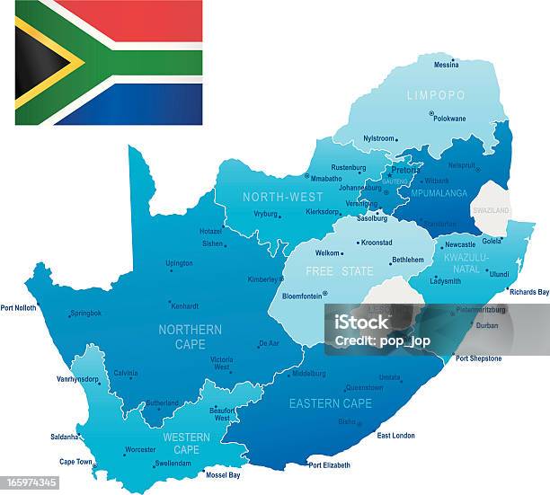 Карта Южной Африкиштатах Городах И Флаг — стоковая векторная графика и другие изображения на тему Карта - Карта, Африка, Без людей