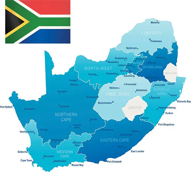 Vector illustration of Map of South Africa - states, cities and flag