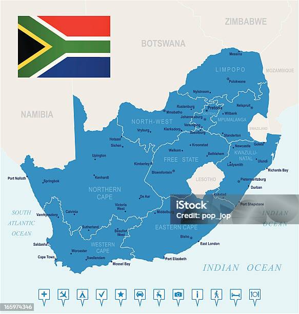 Карта Южной Африкиштатах Городах Флаг Навигации Иконки — стоковая векторная графика и другие изображения на тему Африка