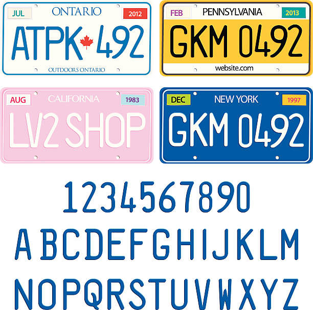 illustrazioni stock, clip art, cartoni animati e icone di tendenza di campione targhe con alfabeto e numeri insieme vettoriale - license plate