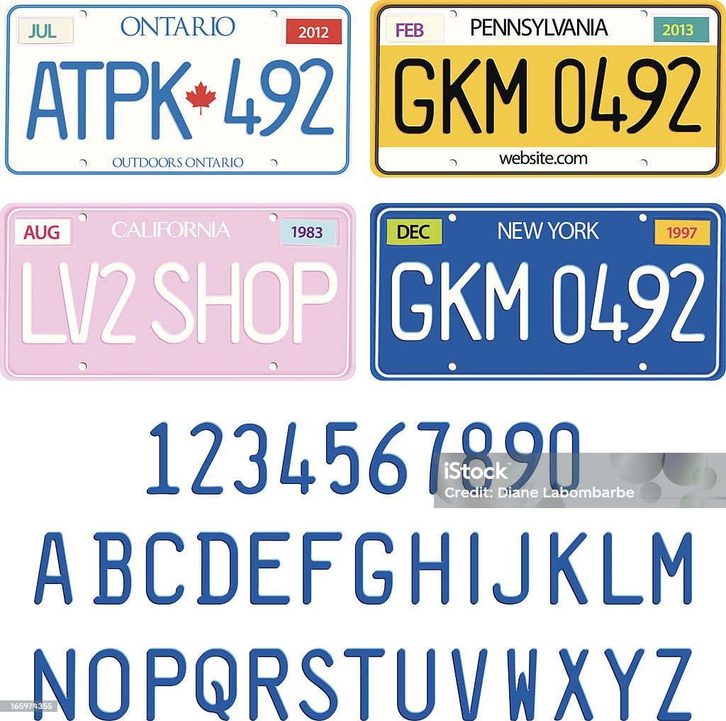 Experimente placas com números e alfabeto de vetor definido - Vetor de Placa de carro royalty-free