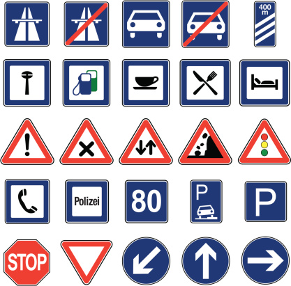 A set of traffic signs from Europe. File contains no gradients or transparencies. Shapes are grouped and color swatches are Global to allow easy color changes.