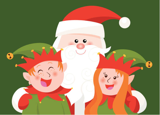 Santa with elves vector art illustration