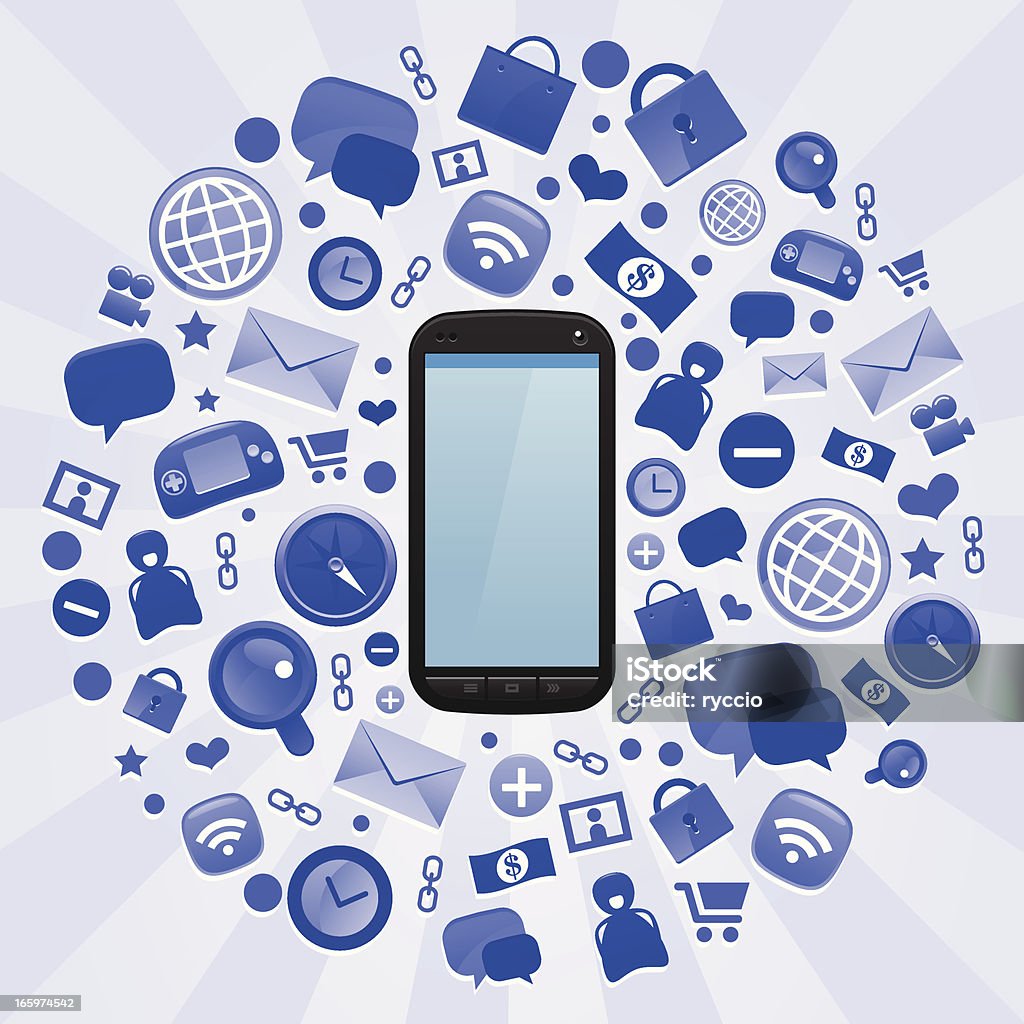 Nowy smartfon otoczony ikony - Grafika wektorowa royalty-free (Lupa - Sprzęt optyczny)
