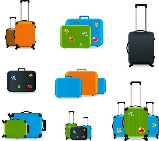 Vector illustration of Nine different colored and shaped suitcases