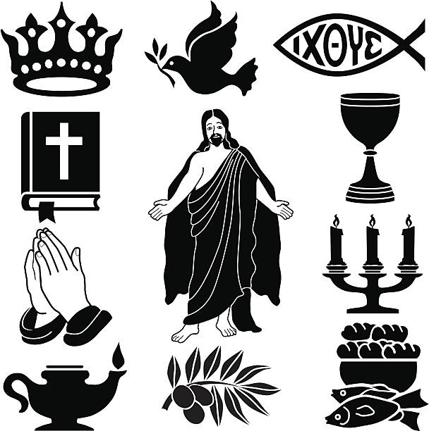 Christian icon set in black silhouette Vector icons with a Christian theme. bread silhouettes stock illustrations