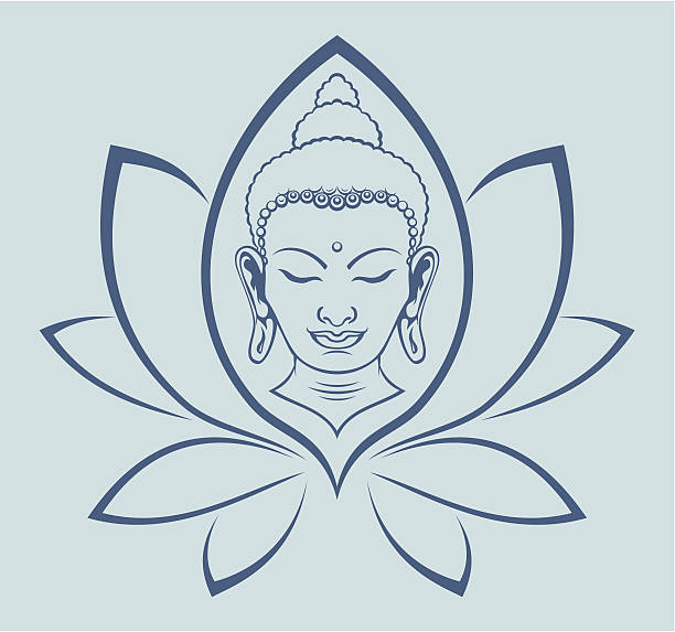Buddha face Buddha face in lotus flower. laughing buddha stock illustrations