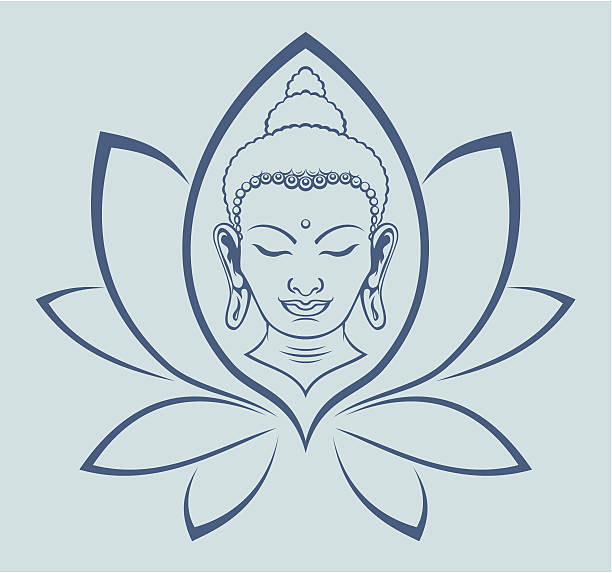 Buddha face Buddha face in lotus flower. buddha face stock illustrations