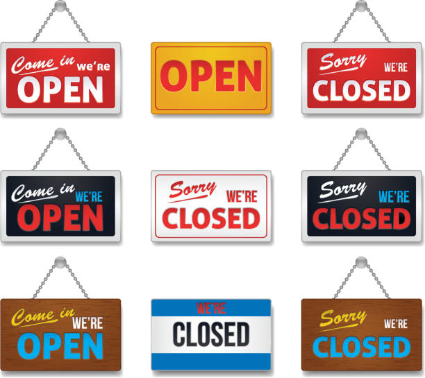 ilustrações de stock, clip art, desenhos animados e ícones de abrir e fechar sinal de recolha - open sign