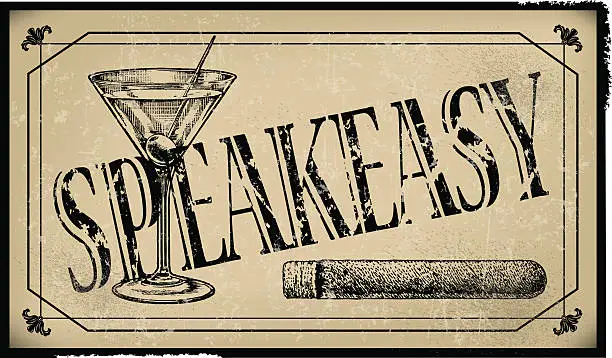 Vector illustration of Speakeasy Sign with Cigar and Martini Glass- Retro Background