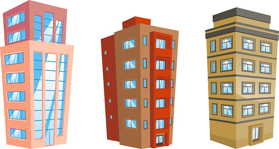 Set of 3 Building edifice structure apartment condominium tower construction house set 6 residential or office buildings in cartoon style.
