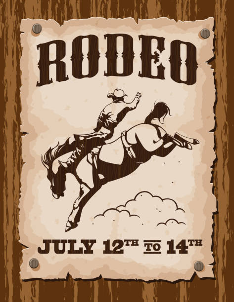 ilustraciones, imágenes clip art, dibujos animados e iconos de stock de cartel vintage rodeo - wild west wood west paper