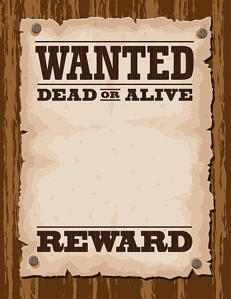 Vector illustration of wanted poster template Vector illustration of a vintage wanted poster.  A piece of light brown paper with dark brown print is nailed to a wood background.  The paper has tattered edges, and it is secured using silver nails in each corner.  "WANTED" appears in large letters at the top of the paper, and there are thin horizontal lines above and below it.  "DEAD OR ALIVE" appears in slightly smaller letters below the bottom brown line, and there is a large blank space beneath it.  The bottom of the page reads "REWARD," and there is a horizontal line above it. wanted poster illustrations stock illustrations