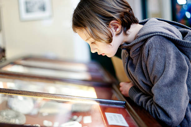 Museum display cabinet A young girl looking at an exhibit in a glass display case in a museum, Lyme Regis, Dorset, UK display cabinet photos stock pictures, royalty-free photos & images