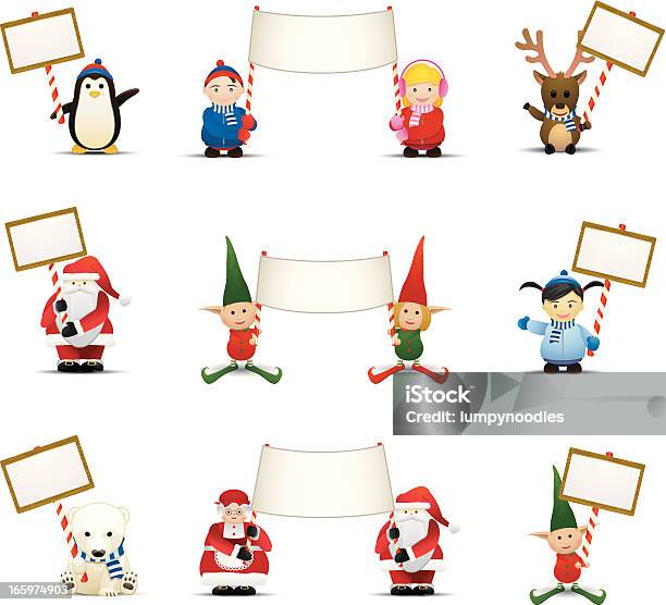 Holiday Characters With Signs Stock Illustration - Download Image Now - Elf, Penguin, Cartoon