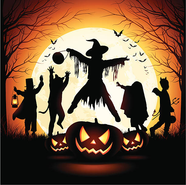 Children celebrating Halloween Vector illustration of children's silhouette trick or treat. Hi-Res jpeg included (5800 x 5800 px). junior high age stock illustrations
