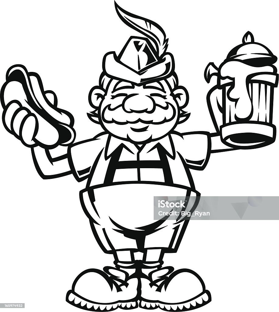 BW Beer Fest man black and white line art illustration of an Beer Fest man holding beer and bratwurst Cartoon stock vector