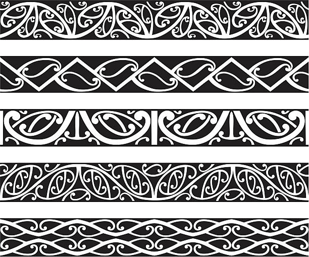 Maori Borders Kowhaiwhai Maori seamless patterns in black. background of koru designs stock illustrations