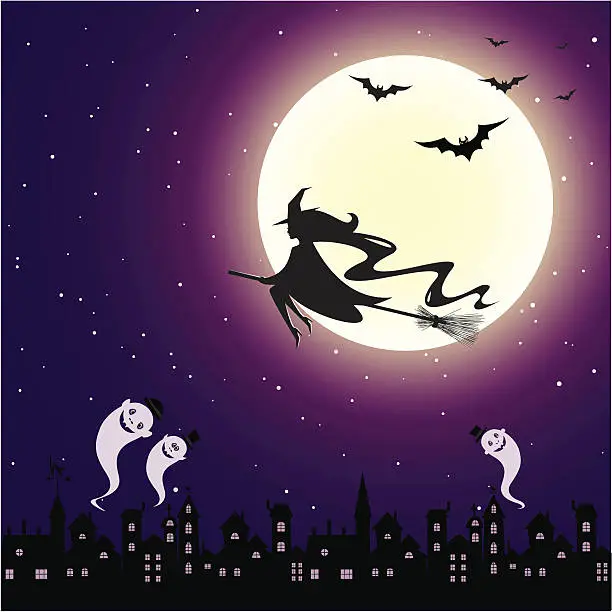 Vector illustration of Halloween night in the town