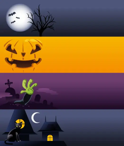 Vector illustration of Halloween spooky Banner Banners Pumpkin Moon Cat Grave