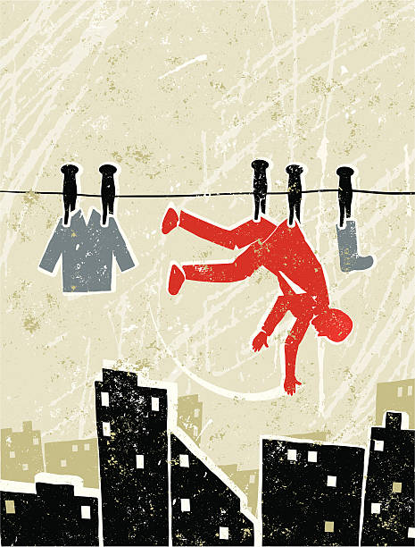 illustrazioni stock, clip art, cartoni animati e icone di tendenza di uomo d'affari sulla linea di lavaggio - hanging clothesline businessman people