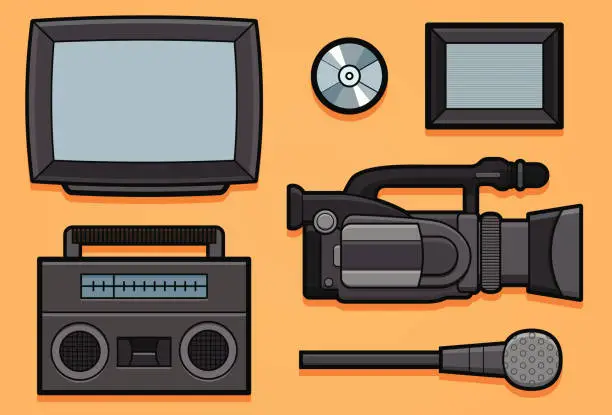 Vector illustration of Recording elements: Tv, boombox, video camera