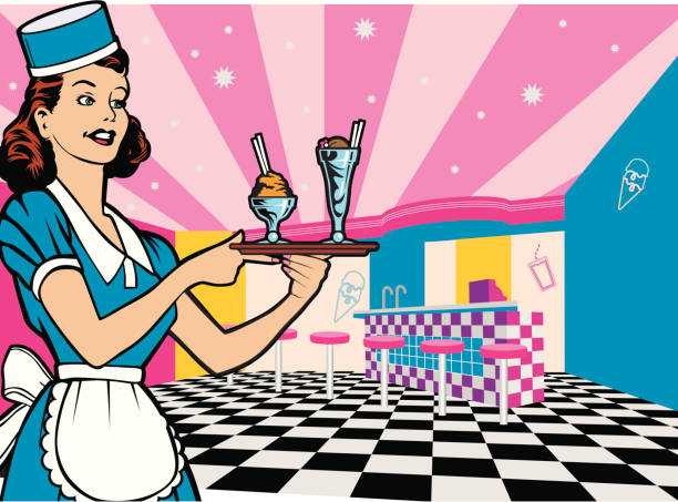 ilustraciones, imágenes clip art, dibujos animados e iconos de stock de tienda de gaseosas - soda fountain