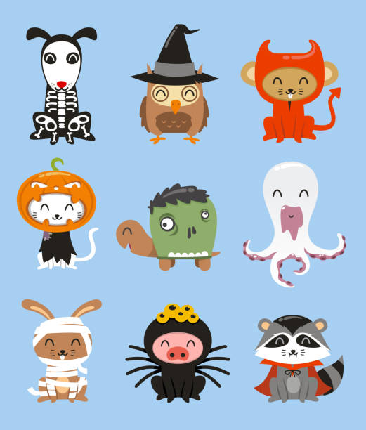 illustrazioni stock, clip art, cartoni animati e icone di tendenza di zoo di halloween costumi degli animali - animal skeleton illustrations