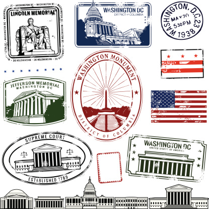 Series of stylized stamps from Washington DC monuments. Also some DC monuments in simplified fine line illustration at the bottom.