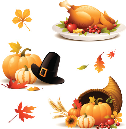 - set of thanksgiving turkey, cornucopia, pilgrim hat