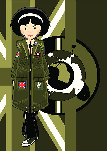 ilustraciones, imágenes clip art, dibujos animados e iconos de stock de mod chica en motoneta & fondo de bandera - lapel hairstyle transportation british culture