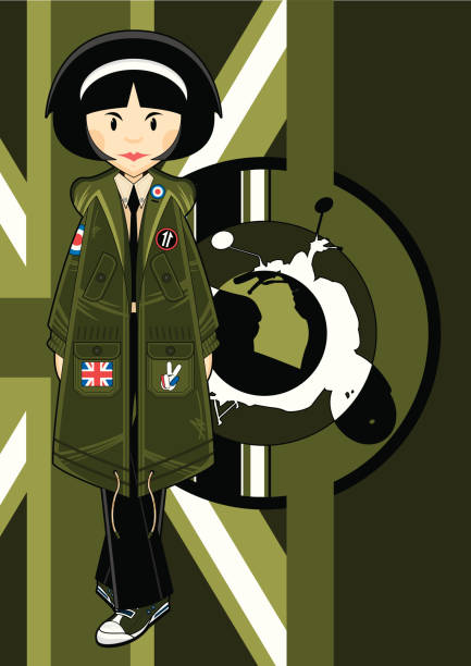 illustrations, cliparts, dessins animés et icônes de mod femme sur scooter &, drapeau en arrière-plan - lapel hairstyle transportation british culture