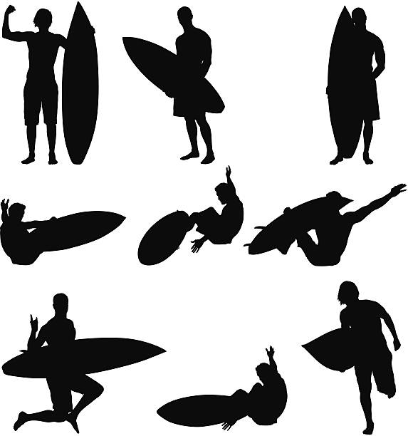 illustrazioni stock, clip art, cartoni animati e icone di tendenza di più immagini di un surfista in azione - one person white background swimwear surfboard