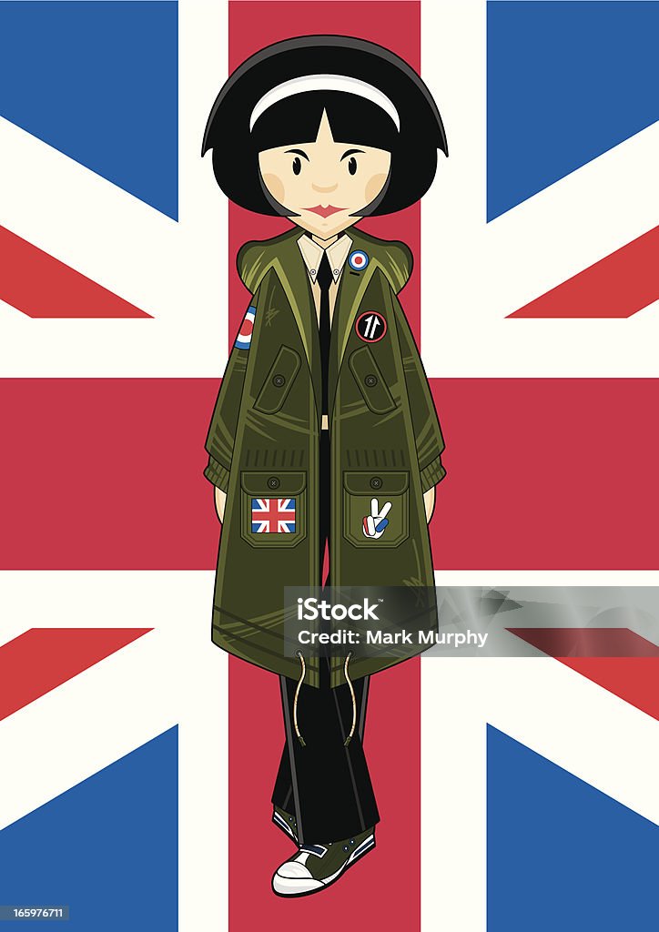Mod Girl in Park with Union Jack Vector illustration of a cool Mod style girl with sixties bob in a Parka jacket on a Union Jack background. Hooded Shirt stock vector