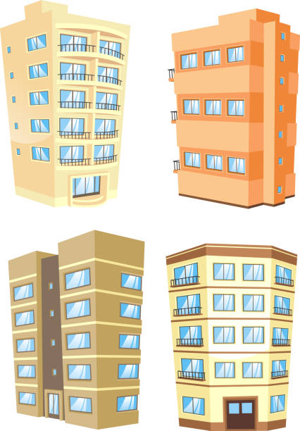 ilustraciones, imágenes clip art, dibujos animados e iconos de stock de edificio de estructura de edificio tower apartamento condominio casa guardan juego de 5 - row house illustrations