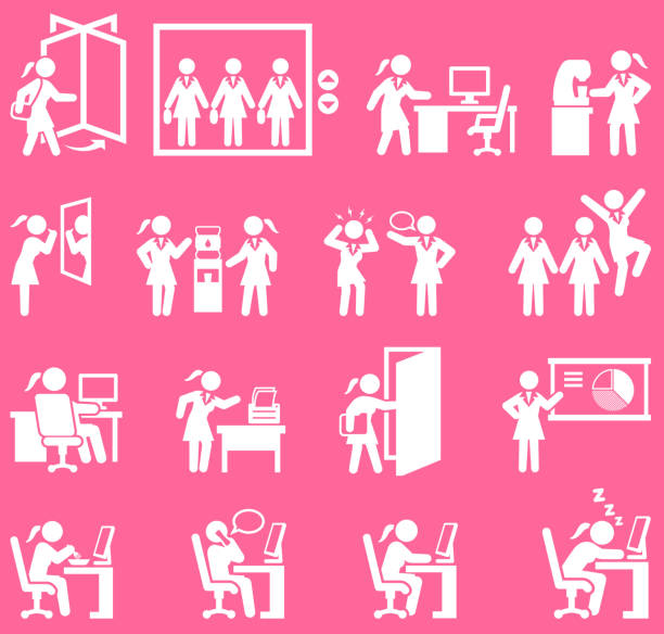 geschäftsfrau täglich büro arbeit pink und weiß-set - computer equipment pc fax machine appliance stock-grafiken, -clipart, -cartoons und -symbole