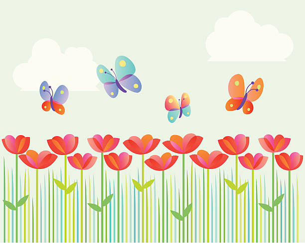 ilustrações, clipart, desenhos animados e ícones de flor e borboleta meadow recheada - tulip field flower cloud