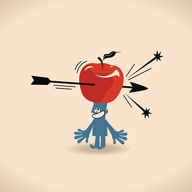 ilustraciones, imágenes clip art, dibujos animados e iconos de stock de hombre con una manzana y flecha - red delicious apple apple fruit vertical