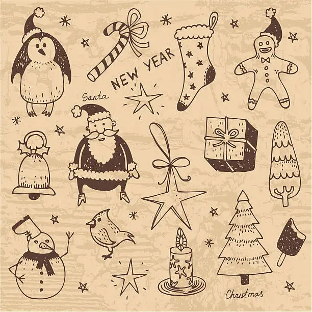 Vector illustration of Vintage style hand-drawn Christmas set