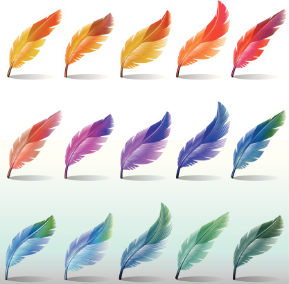 A set of fifteen bright coloured feather icons.